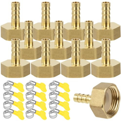 Filettatura Tubo Connettore, 12 Pezzi 8 mm Barb x 3/4 Femmina Connettori per Tubi in Ottone, Raccordo Portagomma Adattatore con Fascetta per Acqua, Gas, Aria