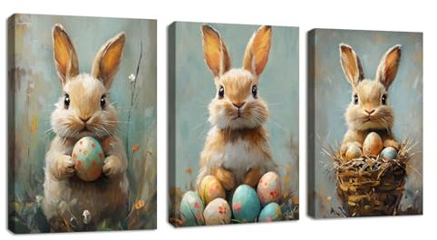 3Pcs Ostern Eier Kaninchen Leinwandbilder Bilder Set mit Rahmen Vintage Lustige Hasen Bilder Wandbilder Schlafzimmer Bild Auf Leinwand Kunstdruck Deko für Wohnzimmer fertig zum Aufhängen 30x40cmx3