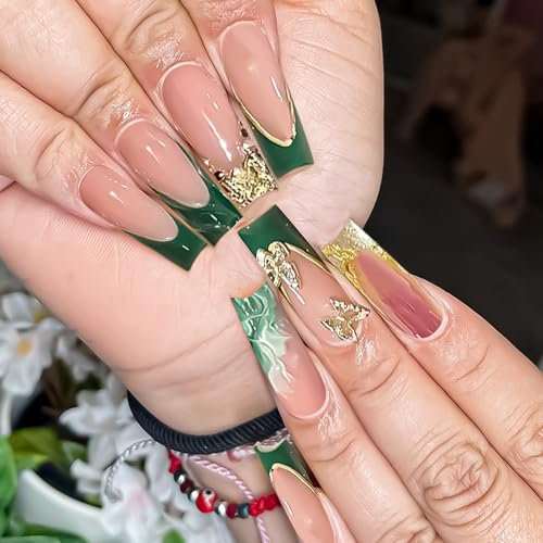French Square False Nails Long with 3D Butterfly Elegant Ink Art Acrylic Nails for Women Durable & Reusable Fake Nails Gothic Coffin