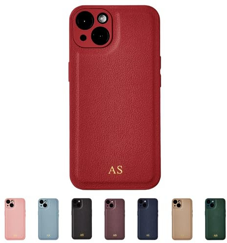 Tirita Personalised Leather Phone Case for iPhone 13 Pro – Leather Red Case or Cover With Custom Initials – Cute Personalised Gift for Men or Women [07. Red Gold Embossed Initials]