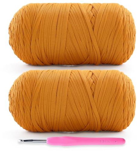 Weiches T-Shirt-Garn zum Häkeln, T-Shirt-Garne zum Häkeln, Taschen, Korb, Untersetzer, T-Shirt-Garne – 800 g / 260 Yds mit 1 Häkelnadel (2, Ingwerfarbe), 2 Stück