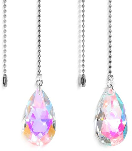 2Pcs Crystal Ceiling Fan Pull Chains, 2 Glass Water Drop Pendants with 20 Ceiling Fan Pull Chain Extender and Connector, Rainbow Fan Pull Decorative for Bathroom Toilet Light Ceiling