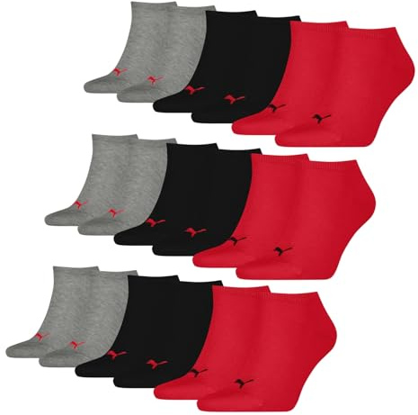 PUMA 9 Paar Unisex Herren Damen Sportsocken Kurzsocken Sneaker Socken, Farbe:Mehrfarbig, Größe:43-46, Artikel:-232 black/red