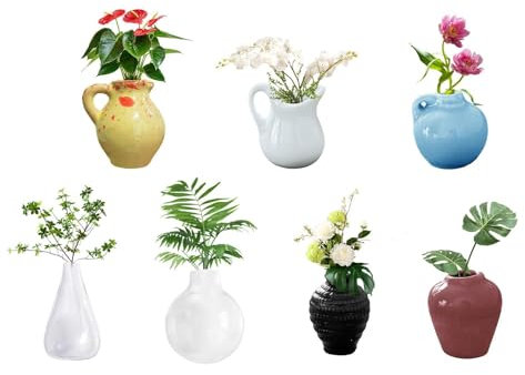 COWANIEE 7 Pcs Mini Fridge Magnet Vases, Cute Plant 3D Ceramic Flower Mini Vase Magnets