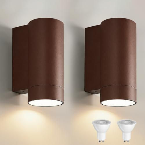 JNR 2 Pack Aussenlampe Wand IP65 Wasserdichte Wandleuchte Aussen, Außenlampe Wand inkl.2 * 5w GU10 Warmweiß Glühbirne, Außenleuchte Wand LED Aussenleuchte (2 PACK-Bronze Rotbraun)