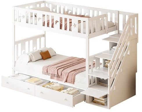 Litera Infantil 90x200 cm de Madera Maciza, Cama Doble con Escalera de Seguridad, Cajones Almacenaje y Somier de Láminas, Estructura Blanca Duradera para Niños y Adolescentes