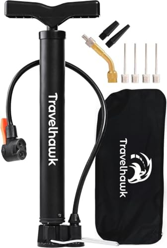 TravelHawk Pompe à vélo avec toutes les valves - Noir - Pompe à air de vélo en acier inoxydable avec sac de transport - Pompe à pied pour voyage - Pompe à air - Accessoires de vélo