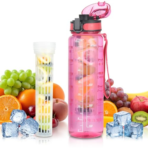 OTraki Trinkflasche 1L, Wasserflasche Tritan BPA-Frei Sportflasche mit Sieb Auslaufsicher, Sichere Verriegelung Water Bottle für Kinder, Fitness, Gym, Outdoor, Schule und Büro, Rosa