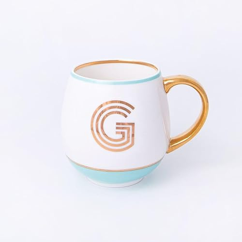 Bombay Duck Library Monogram Fine Bone China Mug, White & Blue with Pink & Gold Details, 450ml, Striped Gift Box, Hand Wash Only, Letter G