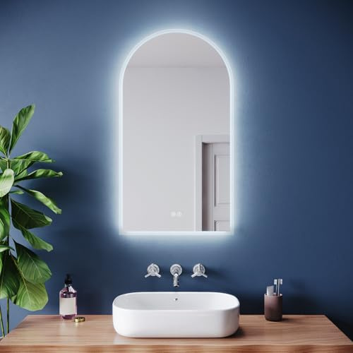 ZANOFIRA 800 x 400mm Arched Bathroom Mirror with LED Lights and Shaver Socket, Illuminated Backlit Wall Mounted Mirror with 3 Lighting Modes, Demister, Dimming, IP44, Memory Function, Vertical
