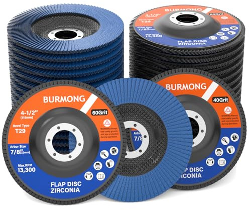 BURMONG 30PCS Flap Disc for Angle Grinder 4-1/2 - 40/60/80/120 Grit T29 Zirconia Abrasive Grinding & Sanding Discs, 7/8 Inch Arbor, for Metal, Wood & Stainless Steel Finishing (40+60 Grit Set)