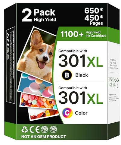 WISETA 301XL Black and Colour Ink Cartridges, 2 Pack | Compatible for HP Envy 301 Ink Cartridges for Envy 4500 5532 5530 4507 4504 5534 DeskJet 2540 2542 2632 OfficeJet 4630