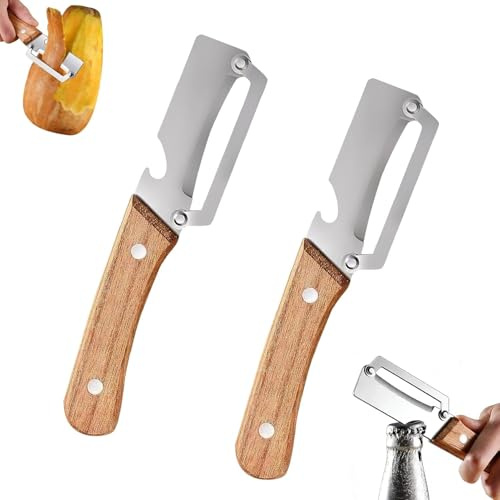 Sparschäler 2 in 1 Kartoffelschäler mit Flaschenöffner Edelstahl Gemüseschäler mit Holzgriff Breite Klinge Multifunktional Küchenwerkzeug für Obst Äpfel Kürbisse Papayas Zucchini (2)