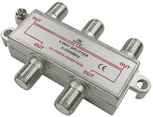 4 Way F-Connector (Satellite) Cable Splitter - DC Power Pass Through - Metal Casting - 1 x Female to 4 x Female (Split RF Coax Signal from ONE Source to FOUR Displays)