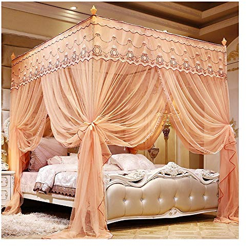 DUXY Moskitonetz, Bett Canopy Spitze 4 Corner quadratisch Princess Fliegengitter, bodenstehende Baldachin-Vorhänge, Palace Moskitonetz (Include Bracket),Jade,180x200x200cm