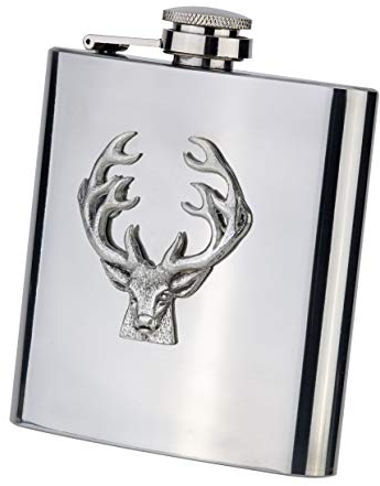 Farm Cottage Brands 6oz oblong Stainless Steel hip flask with funnel in a presentation box - with a pewterware motif of a stag's head and antlers
