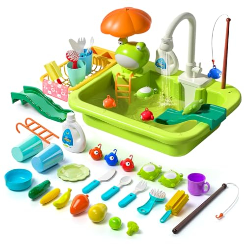 Koolbitz 2 in 1 Play Sink with Electric Running Water, Kitchen Sink Toy with Detachable Drain Rack, Pool Floating Fishing Toys for Kids, Outdoor Water Play Table for Toddlers