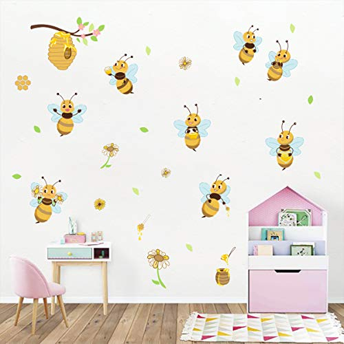 ufengke Wandtattoos Gelb Bienen Wandsticker Wandaufkleber Blumen Bienenstock AST für Kinderzimmer Wohnzimmer