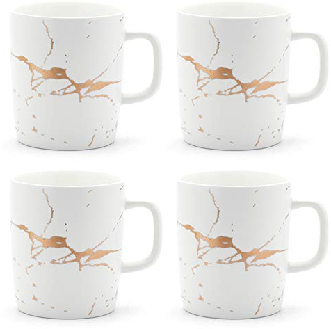 Coffeezone 340 ml Matte Keramik Marmor Tee Kaffee Tassen Luxus Gold Inlay (Weiß, 4 Tassen Gold Marmor)