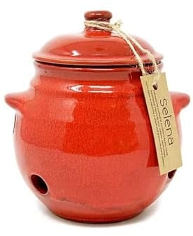 Verano Spanish Ceramics Selena Glaze Hand Dipped Garlic Storage Jar Pot with Lid - Decorative Home Décor Kitchen Restaurant Café Dining Counter Top Food Round Cannister Keeper - 15cm Red