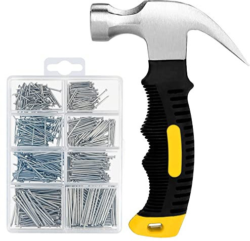 Laser Distance 60PCs Hardware Nail Assortment Kit & 8oz Stubby Claw Hammer, Mini Hammer with Anti-Slip Handle, (50m)