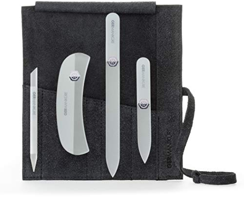 GERMANIKURE Crystal Glass Nail File Set in Black Suede Case – Handmade in Czech Republic – Professional Manicure & Pedicure Supplies – Glass Cuticle Stick, Pusher, Moon File