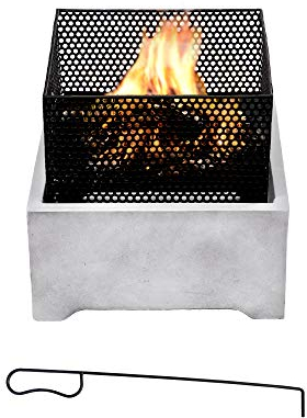 Teamson Home Garten Kleine 38 cm Quadratische Feuerstelle aus Holz, Gartenmöbel, Kaminofen, Feuerstellenheizung, Holzbrenner aus Metall mit Schürhaken, grau/schwarz