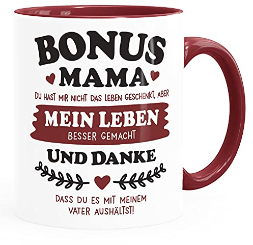 Moonworks® Kaffee-Tasse Geschenk Bonus-Mama | Bonus Papa Stiefmutter | Stiefvater zum Muttertag | Vatertag Spruch Mama bordeauxrot Keramik-Tasse