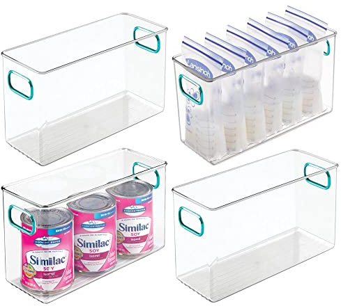 mDesign Organizer für Babynahrung – Plastikbox mit praktischen Griffen – praktischer Aufbewahrungsbehälter auch für Spielzeug, Windeln, Stofftiere & Co. – 4er-Set – durchsichtig