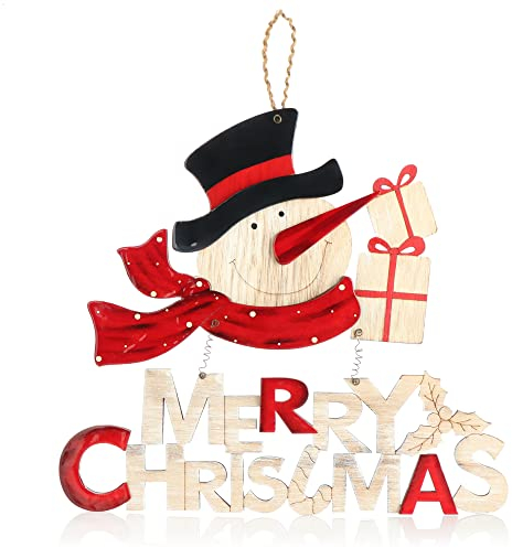 com-four® Hängedeko Weihnachten - Holz-Aufhänger Schriftzug mit Schneemann - Türschild Christmas aus Holz - Hänger für Türen, Wände, Fenster