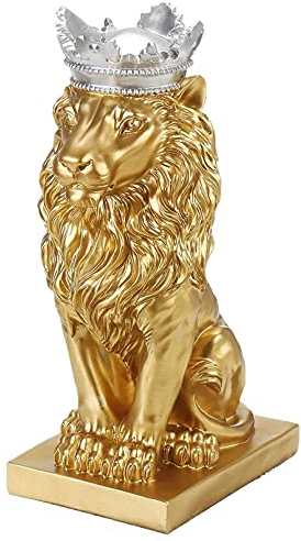 Statue Skulptur Figur Vintage Harz Kreative goldene Krone Löwen-Statue Harz Tier Figur Dekoration Desktop-Handwerk Skulptur 5.5 * 7.5 * 13.8,Q3