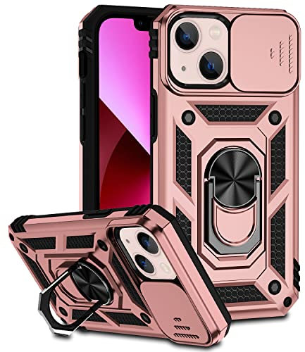 Hitaoyou iPhone 13 Case, iPhone 13 Case with Camera Cover & Kickstand Military Grade Shockproof Heavy Duty Protective with Magnetic Car Mount Holder Phone Cases for iPhone 13 Rosegold