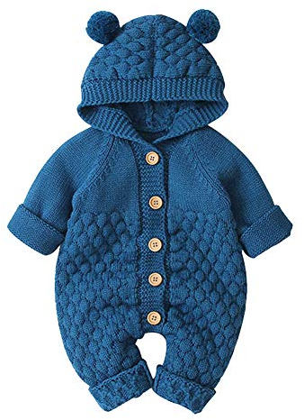 Neugeborene Baby Mädchen Jungen Kleidung Langarm Gestrickt Kapuze Strampler Body Overall Jacke Frühchenkleidung Erstausstattung Babysachen Set Herbst Winter Babykleidung Blau 0-6 Months
