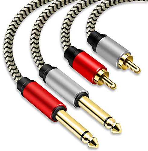 Câble 2 x 6,35 mm vers 2RCA, double jack stéréo TS 1/4 pouce mâle vers 2 RCA mâle adaptateur répartiteur pour câble audio stéréo avec boîtier en PVC et tresse en nylon (10M)