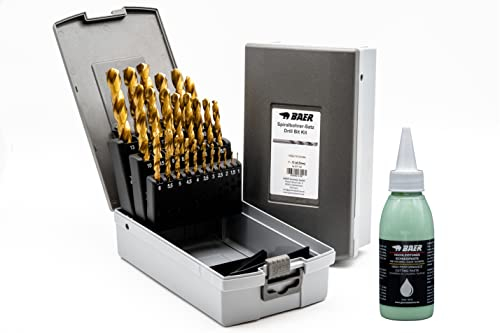 BAER HSSG TIN Spiralbohrerbohrer Set (0,5mm steigend) 1-13 mm inklusive Bohrpaste - Bohrer DIN 338 - Tin-Spiralbohrer Satz - Spiralbohrersatz plus Schneidpaste