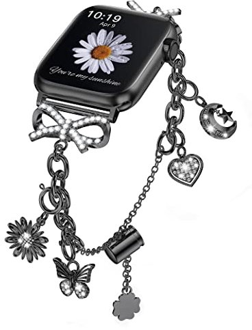 Minyee Cinturino luccicante compatibile con cinturino Apple Watch da 38 mm, 40 mm, 41 mm, in acciaio inossidabile, con diamanti scintillanti, con connettore a fiocco, ciondoli intercambiabili, per