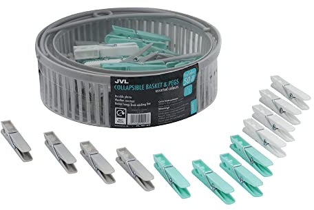 JVL Collapsible Plastic Peg Basket Collapsible with 150 Strong Hold Pegs, Aqua (19-217-250)