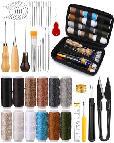 BAGERLA Kit de réparation d'ameublement, 48 pièces - Kit de couture en cuir avec fil d'ameublement, alêne, découseur, aiguilles, dé à coudre en cuir pour siège de voiture, tapis, chaussures, sac à