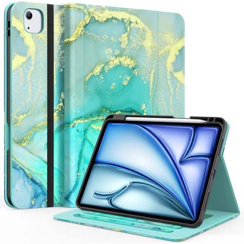 ZoneFoker Schutzhülle für iPad Air 11 Zoll M3 / M2 (2025/2024), iPad Air 5. / 4. Generation 10,9 Zoll (2022/2020), iPad Pro 11 (4. / 3. / 2. / 1. Gen), Multi-Winkel-Ständer mit Stifthalter, Marmorgrün