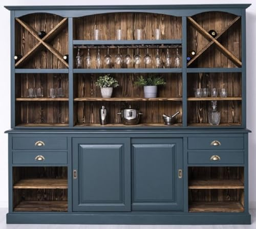 Casa Padrino Landhausstil Barschrank Blau/Dunkelbraun 240 x 50 x H. 210 cm - Massivholz Weinschrank im Landhausstil - Landhausstil Möbel - Bar Möbel im Landhausstil - Landhausstil Einrichtung
