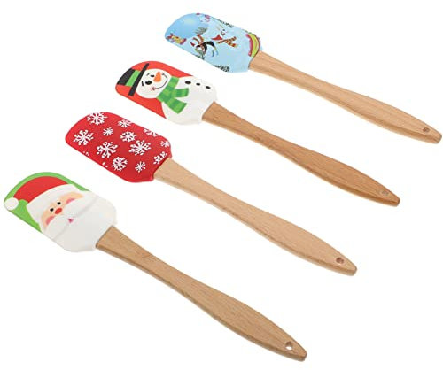 DOITOOL Set 4 Pezzi Spatola Silicone Natale Con Manico in Legno Spatole Per Dolci E Utensili Da Cucina Per Decorazione Torte Pancake E Miscelazione Cottura, 25cm