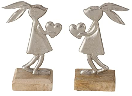 RiloStore 2 STK Osterhasen Schnuff n658 Aluminium Silber Farben 19cm Holz Holzhasen Metallhasen Hasen Dekohasen Hasenpaar Liebespaar Hasenmann Hasenfrau Herz Liebe Häschen Osterdeko
