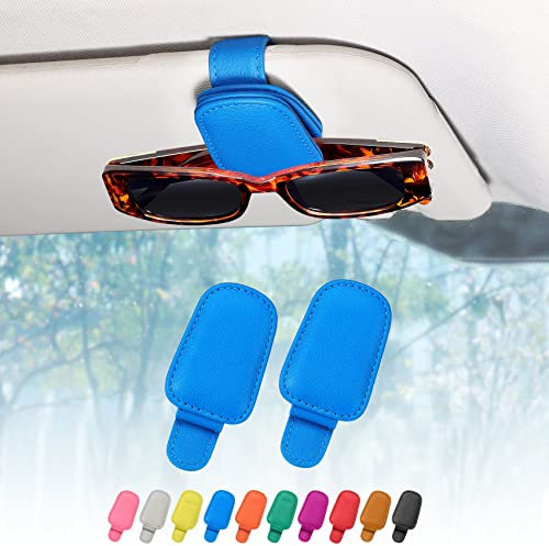 quipuda 2 Pack Brillenhalter für Auto Sonnenblende,Echt Leder Auto Visier Zubehör Sonnenbrillen Halterung Magnetische Sonnenbrillenhalter Ticket Clip（Blau）