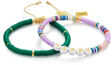 Yokoamii Damen Set (Armband 2er) Edelstahl gelbvergoldet 14 Karat Heishi Perlen grün violett weiß Happy Perlenarmband