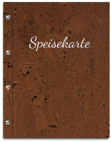 Handgefertigte Speisekarte/Menukarte im dunklen Korkeinband – Inkl. 12 Sichthüllen zum Austauschen – Handgeprägter Coverdruck in versch. Farben