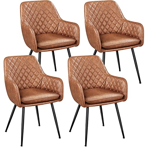 Yaheetech Esszimmerstühle 4er Set Küchenstühle, Polsterstühle mit Armlehnen Metallbeine, Seesel aus Kunstleder für Arbeitszimmer/Wohnzimmer, Braun