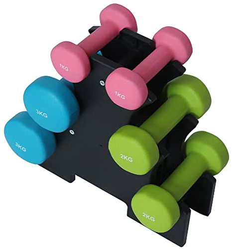 BAKAJI Set 6 Manubri da Palestra con Stand di Appoggio (2x1kg + 2x2kg + 2x3kg), Pesi Fitness Rivestimento in Gommapiuma, Ergonomico, Antiruggine, Antiscivolo, Riabilitazione Fisica, Allenamento