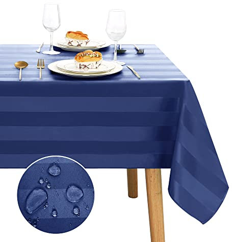 JIUZHEN Tischdecke Dunkelblau Gestreift Tischdecke Abwaschbar Tischdecken Wasserabweisenden mit Lotuseffekt Tischdecke Outdoor Gartentischdecke Eckig 135 x 200 cm