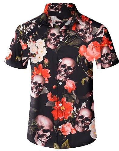Ulikey Chemise a Fleurs Homme, Halloween Motif Crâne Chemise, Chemise Hawaïenne Homme avec crâne de Rose Vintage imprimé en 3D pour Halloween Carnaval (XL, Noir)