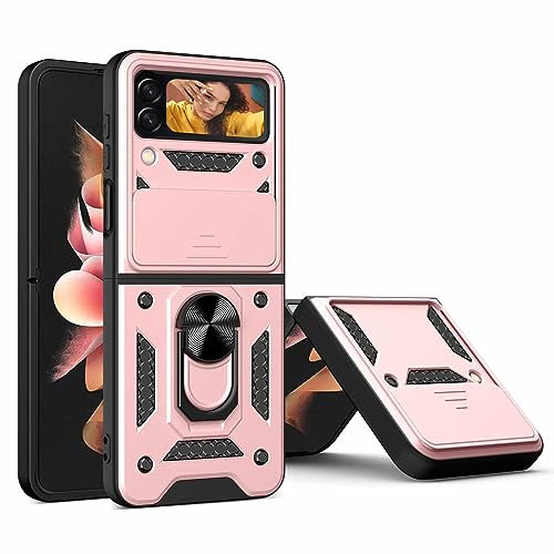 CRAVEN Coque pour Samsung Galaxy Z Flip 4 (Z Flip4) 5G, Etui Silicone TPU + Résistante aux Chocs PC, Antichoc Case avec Porte-Bague et Cache Caméra Coulissant - Or Rose